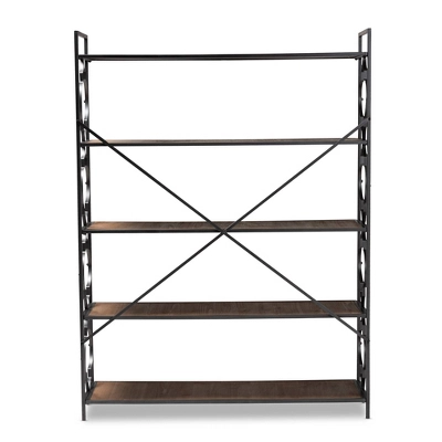 65" 5 Shelf Mirna Iron & Natural Oak Wood Quatrefoil Accent Bookshelf Brown/Black - Baxton Studio - Image 5
