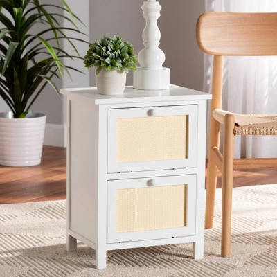 Sariah Wood Rattan 2 Door Nightstand White - Baxton Studio