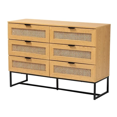 Sawyer Wood And Metal 6 Drawer Storage Cabinet With Natural Rattan Oak Brown/Black - Baxton Studio