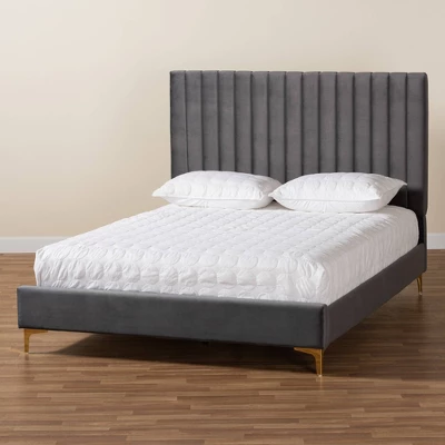 Queen Serrano Velvet Fabric Upholstered And Metal Platform Bed Gray/Gold - Baxton Studio - Image 7