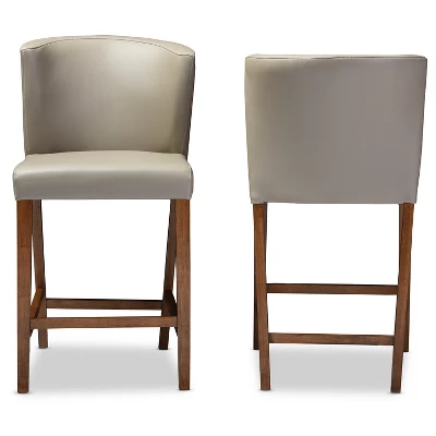 Set Of 2 Olivia Wood Faux Leather Pub Counter Height Barstools Walnut/Dark Brown - Baxton Studio