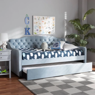 Twin Freda Velvet Tufted Daybed With Trundle Light Blue - Baxton Studio - Image 8