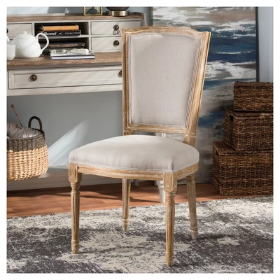 Cadencia French Vintage Cottage Weathered Oak Wood Finish And Fabric Upholstered Dining Side Chair - Beige - Baxton Studio - Image 5