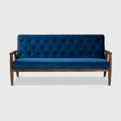 Sorrento Velvet Upholstered Wooden 3 Seater Sofa Navy Blue/Brown - Baxton Studio