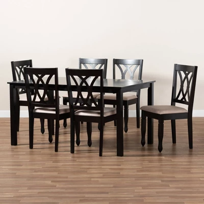 7pc Reneau Upholstered Wood Dining Set Sand Brown/Espresso - Baxton Studio - Image 6