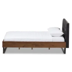 Mitchell Rustic Industrial Walnut Wood Black Faux Leather Metal Platform Bed Dark Bronze - Baxton Studio