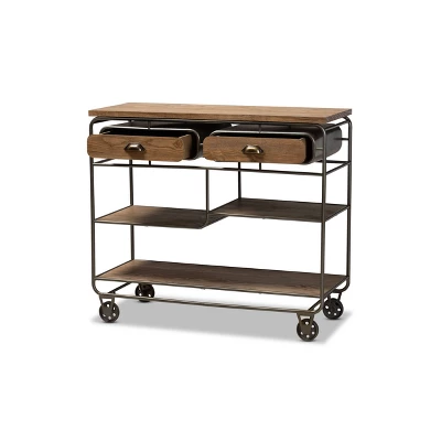 2 Drawer Grant Vintage Rustic Industrial Wood And Metal Kitchen Cart Brown/Black - Baxton Studio
