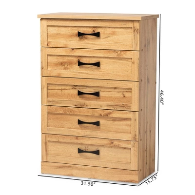 Colburn Wood 5 Drawer Tallboy Storage Chest Oak Brown - Baxton Studio - Image 6