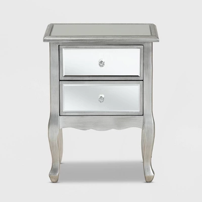 Leonie Wood And Mirrored Glass 2 Drawer Nightstand Silver - Baxton Studio - Image 2