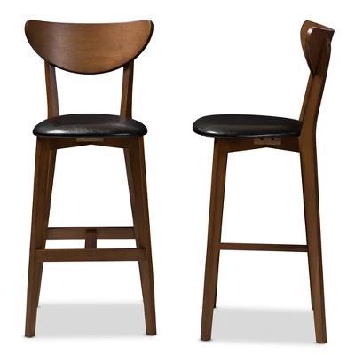 Set Of 2 Eline Mid-Century Modern Walnut Finished Wood Faux Leather Upholstered Barstools Black - Baxton Studio - Image 2