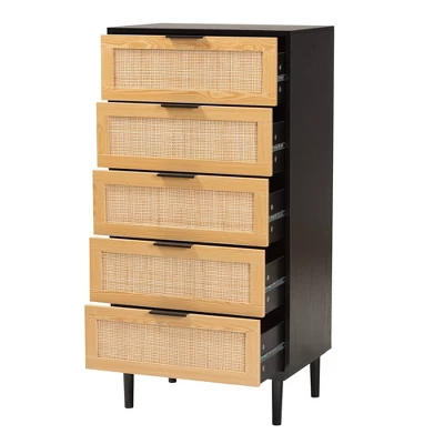 Maureen Wood And Rattan 5 Drawer Storage Chest Espresso/Natural Brown - Baxton Studio - Image 2