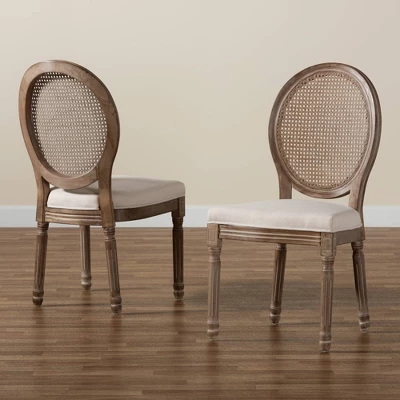Set Of 2 Louis Fabric Upholstered With Rattan And Wood Dining Chairs Beige/Brown - Baxton Studio - Image 7