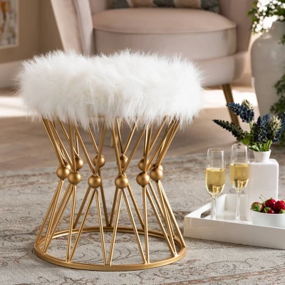 Leonie Faux Fur Upholstered Metal Ottoman White/Gold - Baxton Studio - Image 3