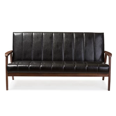 Nikko Mid-Century Modern Scandinavian Style Faux Leather Wooden 3 Seater Sofa - Baxton Studio