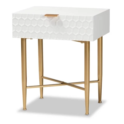 Marcin Wood And Metal 1 Drawer Nightstand White/Gold - Baxton Studio - Image 2