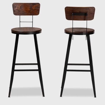 Set Of 2 Kenna Wood And Metal Finished Metal Barstools Brown/Black - Baxton Studio