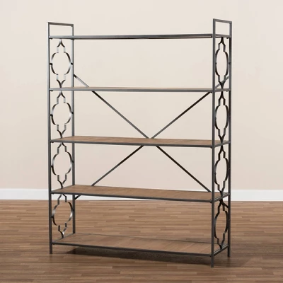 65" 5 Shelf Mirna Iron & Natural Oak Wood Quatrefoil Accent Bookshelf Brown/Black - Baxton Studio - Image 2