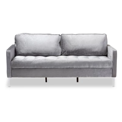 Baxton Studio Clara Velvet Fabric Upholstered 3 Seater Sofa Gray - BaxtonStudio - Image 8