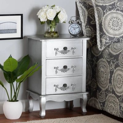 Callen Brushed Wood 3 Drawer Nightstand Silver - Baxton Studio