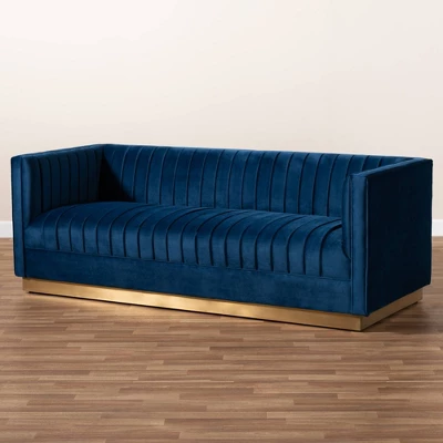 Aveline Velvet Upholstered Finished Sofa Navy Blue/Gold - Baxton Studio - Image 7