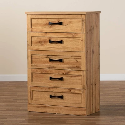 Colburn Wood 5 Drawer Tallboy Storage Chest Oak Brown - Baxton Studio - Image 5