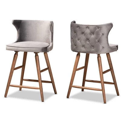 2pc Sagira Velvet Fabric Upholstered And Wood Counter Height Barstool Set - Baxton Studio - Image 8