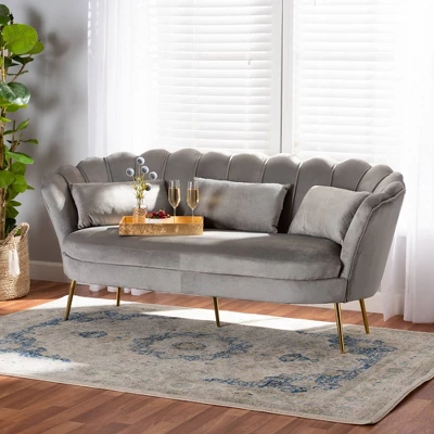 Genia Velvet Fabric Upholstered And Metal Sofa Gray/Gold - Baxton Studio - Image 2