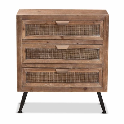 Calida Wood And Rattan 3 Drawer Storage Cabinet Brown - Baxton Studio - Image 2