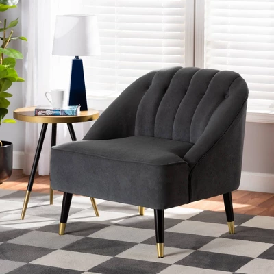 Ellard Velvet Fabric Upholstered Two-Tone Wood Accent Chair Gray/Dark Brown - Baxton Studio - Image 9