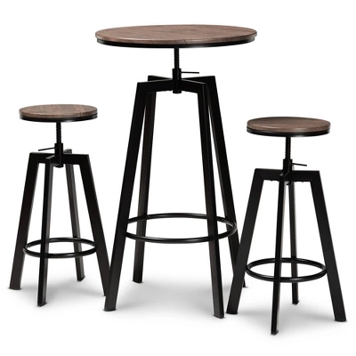 3pc Metal And Maritta Wood Height Adjustable Bar Pub Dining Set Walnut/Black - Baxton Studio
