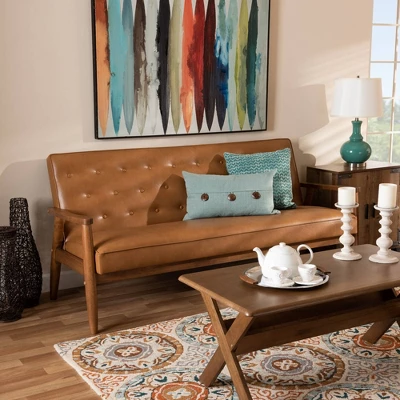 Sorrento Mid-Century Faux Leather Upholstered Wood Sofa Walnut/Brown - Baxton Studio - Image 6