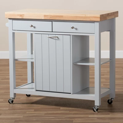 Hayward Coastal And Farmhouse Natural Wood Kitchen Cart White, Light Brown - Baxton Studio - Image 3