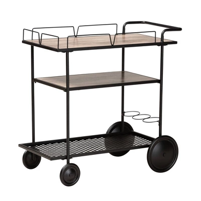 Huntley Wood And Metal Mobile Wine Cart Walnut Brown/Black - Baxton Studio - Image 2