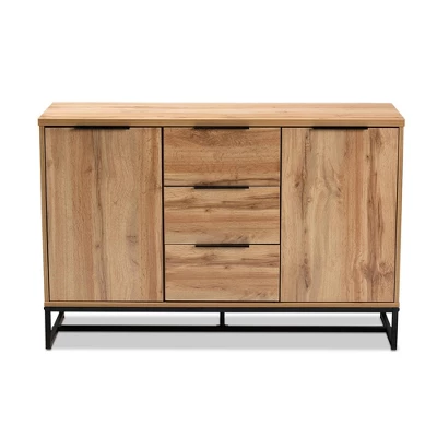 Reid Wood & Metal 3 Drawer Sideboard Buffet Oak/Black - Baxton Studio - Image 2