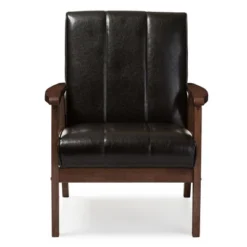 Nikko Mid - Century Modern Scandinavian Style Faux Leather Wooden Lounge Chair - Dark Brown - Baxton Studio