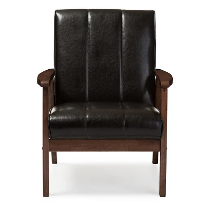 Nikko Mid - Century Modern Scandinavian Style Faux Leather Wooden Lounge Chair - Dark Brown - Baxton Studio