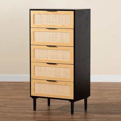 Maureen Wood And Rattan 5 Drawer Storage Chest Espresso/Natural Brown - Baxton Studio - Image 8