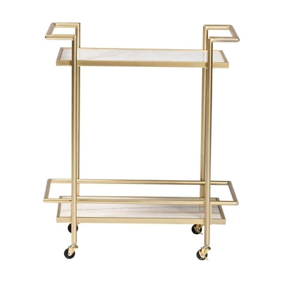 Louise Metal And Marble 2 Tier Wine Cart Gold/White Marble - Baxton Studio