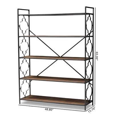 65" 5 Shelf Mirna Iron & Natural Oak Wood Quatrefoil Accent Bookshelf Brown/Black - Baxton Studio - Image 3