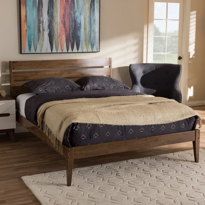 Elmdon Mid Century Modern Solid Wood Slatted Headboard Style Platform Bed Brown - Baxton Studio - Image 3