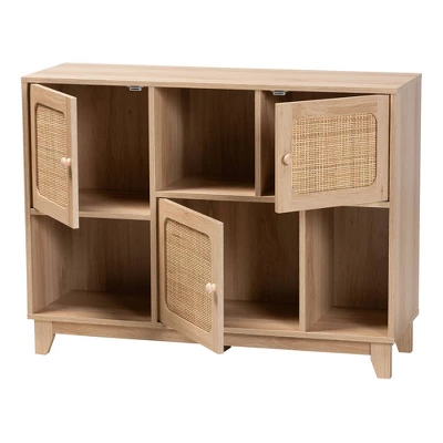 Elsbeth Wood And Natural Rattan 3 Door Sideboard Light Brown/Natural Brown - Baxton Studio - Image 2