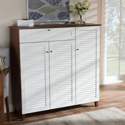 Coolidge 11 Shelf Wood Shoe Cabinet With Drawer White/Walnut - Baxton Studio - Image 6