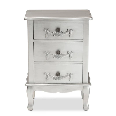 Callen Brushed Wood 3 Drawer Nightstand Silver - Baxton Studio - Image 3