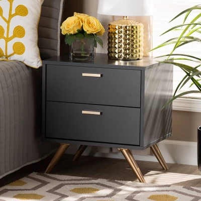 Kelson Wood 2 Drawer Nightstand Dark Gray/Gold - Baxton Studio - Image 3