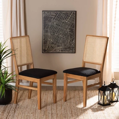 Set Of 2 Idris Fabric Upholstered Rattan Dining Chairs Black/Oak Brown - Baxton Studio - Image 2