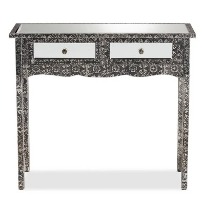 Wycliff Metal And Mirrored Glass 2 Drawer Console Table Dark Gray/Silver - Baxton Studio - Image 3