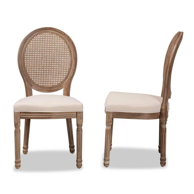Set Of 2 Louis Fabric Upholstered With Rattan And Wood Dining Chairs Beige/Brown - Baxton Studio - Image 3