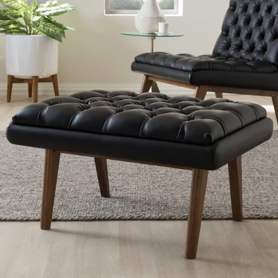 Baxton Studio Annetha Mid Century Modern Walnut Finished Wood Faux Leather Upholstered Ottoman Black - Image 5