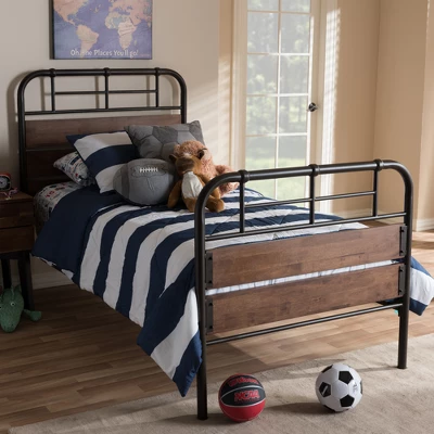 Twin Monoco Rustic Industrial Finished Metal Wood Platform Bed Brown - Baxton Studio - Image 5