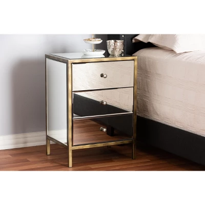 Baxton Studio Nouria Mirrored 3 Drawer Nightstand Bedside Table Silver - BaxtonStudio - Image 3